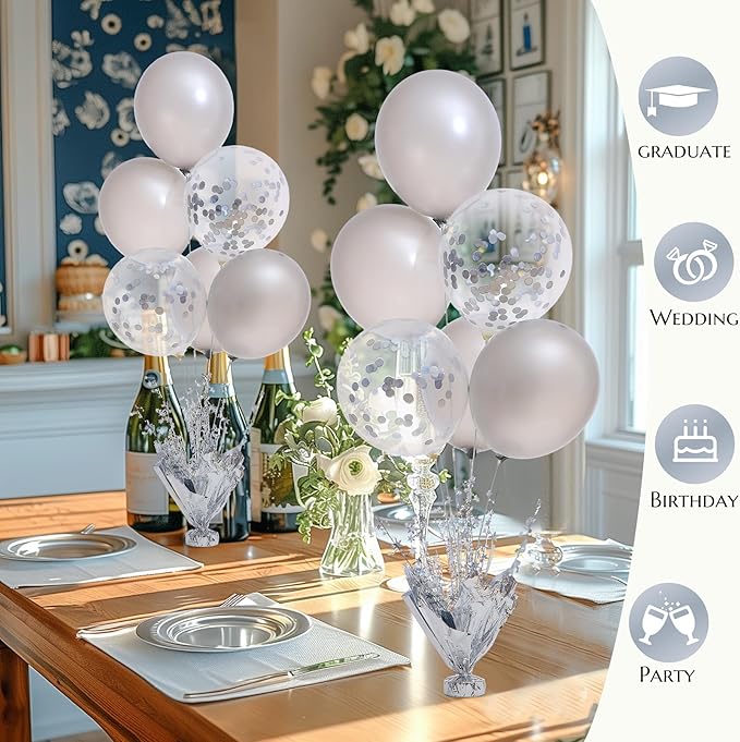 4 Set Silver Table Balloons Centerpiece Stand Kit with Silver and Confetti Balloons for Graduation Birthday Party Baby Shower Wedding Bridal Shower Prom Retirement Table Decorations
