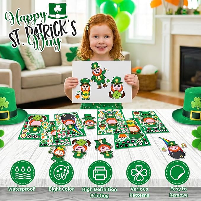 27 Sheets St Patricks Day Stickers for Kids - Leprechaun Make a Face & Shamrock & Four Leaf Clover Stickers for Irish Green Saint Patrick's Day, DIY Classroom Gifts Crafts Games Party Favors Supplies