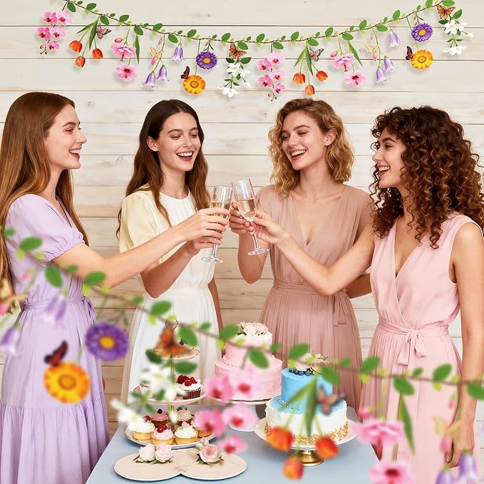 2PCS Flower Banner Reusable Wildflower Garland Floral for Spring Party Enchanted GardenTheme Picnic Wedding Baby Shower Birthday Tea Party Supplies Home Decorations (Pink-Smaller)