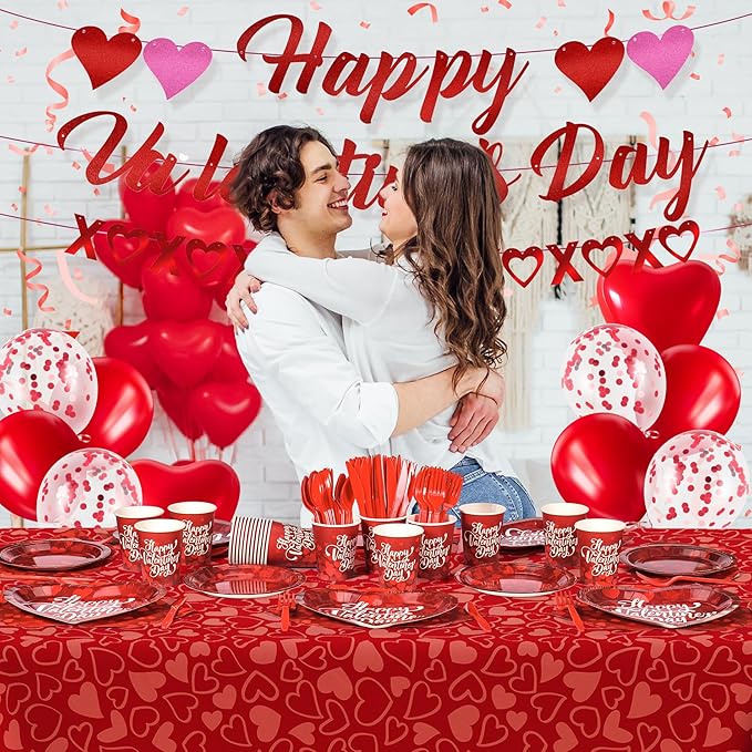 183PCS Happy Valentine's Day Party Supplies,Red Love Heart Disposable Paper Plate Napkin Cup Cutlery for 24 Guest,Banner Tablecloth Balloons for Galentines Anniversary Bridal Wedding Engagement Decor