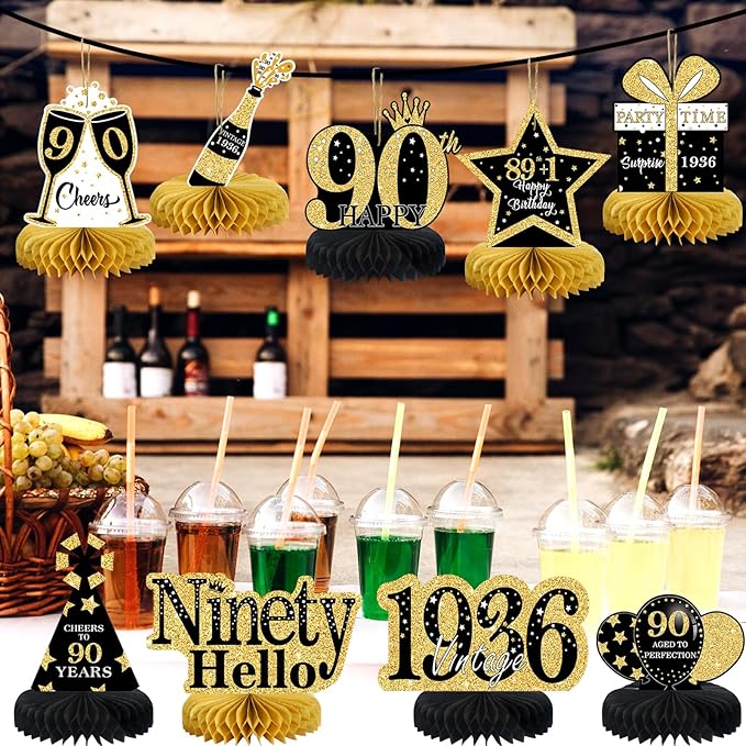 9Pcs 90th Birthday Decorations Honeycomb Centerpieces for Women,Black Gold Happy 90th Birthday Centerpieces Tables Toppers Party Decorations Supplies, Vintage 1936 Aged Table Sign Decor