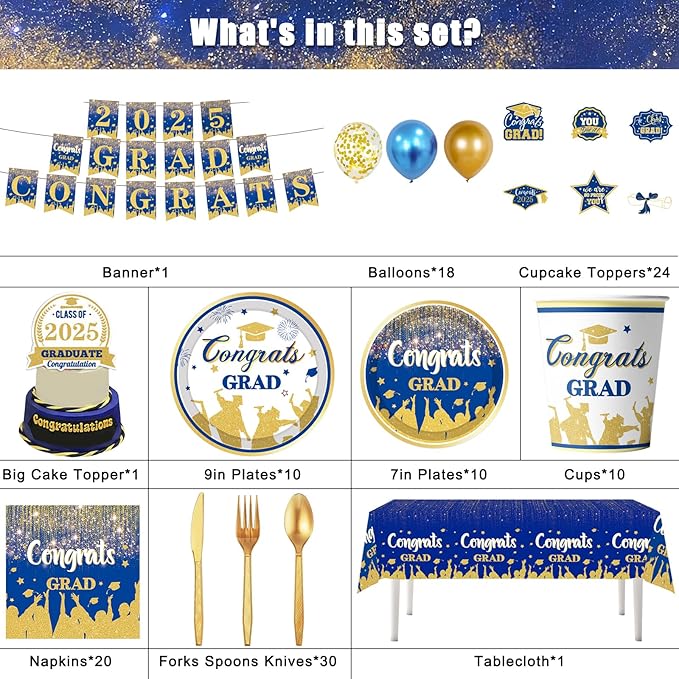 2025 Congrats Grad Party Decorations Blue and Gold Graduation Party Supplies with 2025 GRAD CONGRATS Banner Balloons Cake Toppers Tablecloth Plates Napkins Cups for Graduation Decorations