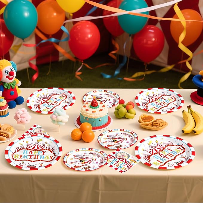 96Pcs Carnival Birthday Party Decorations Christmas Carnival Circus Birthday Plates and Napkins Tableware Sets Circus Theme Decoration Favor for Kids Boy Girls Xmas Bday Baby Shower Supplies Serves 24