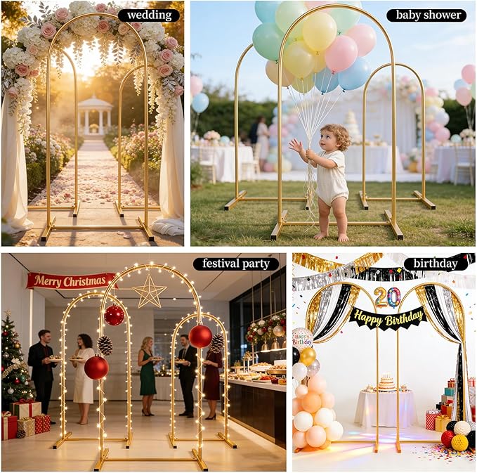 Metal Arch Backdrop Stand Set of 2, Heavy-Duty Balloons Arch Frame for Wedding Ceremony, Party, Baby Shower, Birthday Decorations (Gold, 7.2ft+6.6ft)
