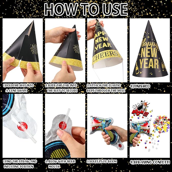 136 Pcs New Years Eve Party Supplies Kit New Year's Eve Party Supply Include Hats Glasses Headbands Blowouts Balloons Inflatable Fireworks Gun Banner for 2026 Holiday Celebration Decor