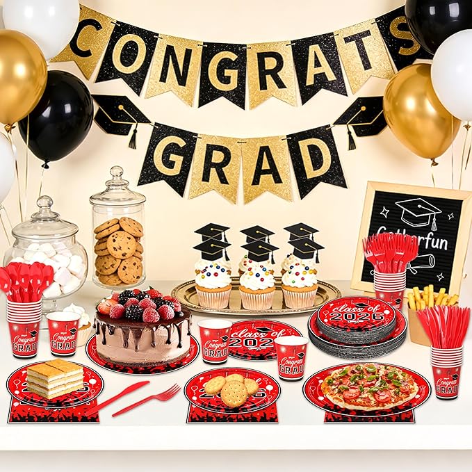 175PCS Graduation Plates and Napkins Set 2026 Graduation Party Supplies Tableware Set Include Paper Plate Napkin Cup Knife Fork Spoon for Grad Party Decor Serve25 (Red and Black)