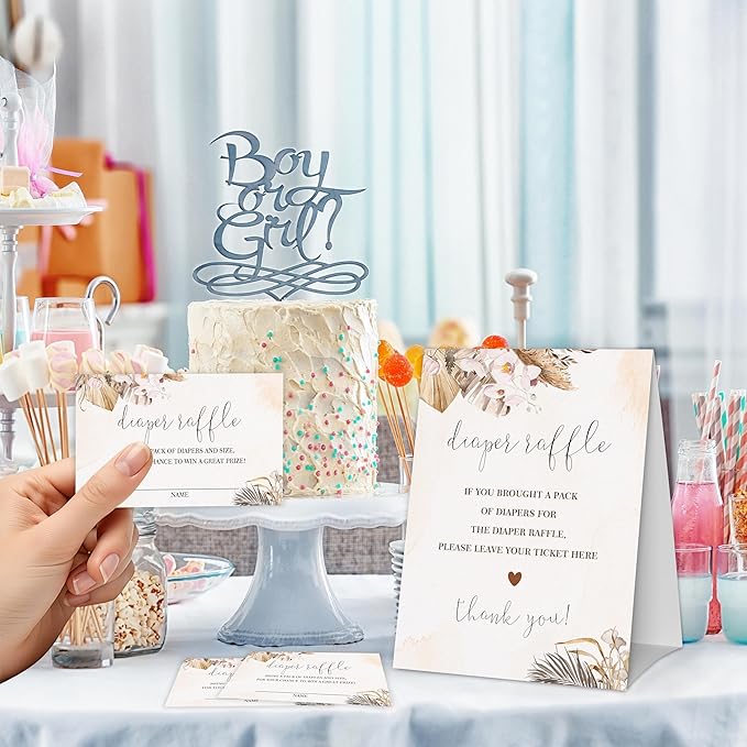 Boho Floral Diaper Raffle Game, Diaper Raffle Tickets for Baby Shower, Pink Boho Gender Neutral Tickets for Baby Shower Party Favor Decorations Supplies (1 Sign + 50 Cards)