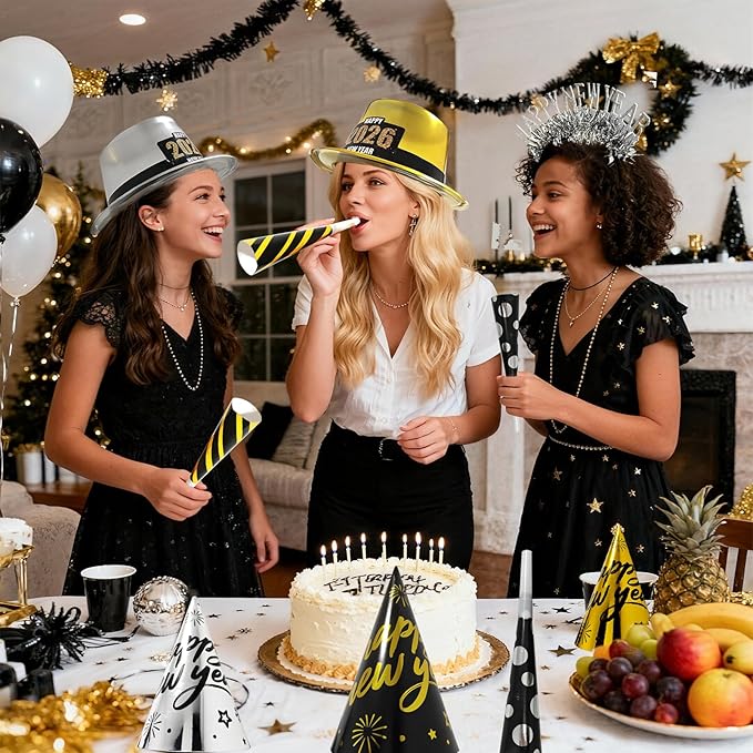 Atonofun 2026 New Years Eve Party Supplies for 24 Guests, 60 Pcs New Year Eve Party Hats and Horns, Headband, Tattoos, Blowouts 2026 New Year Party Favors