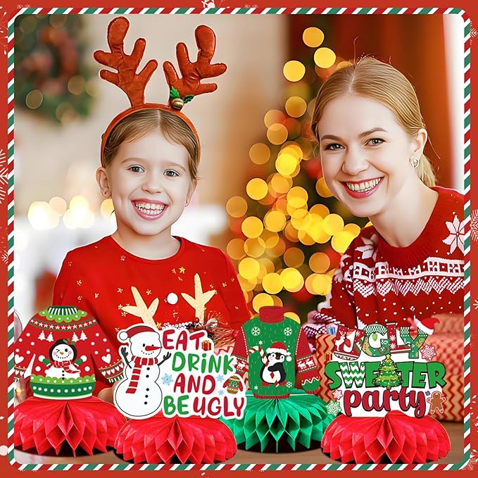 JULMELON 8PCS Ugly Sweater Party Decorations Honeycomb Centerpieces, Ugly Sweater Christmas Party Centerpieces for Tables Ugly Sweater Table Decor 3D Table Toppers for Christmas Winter Party Supplies