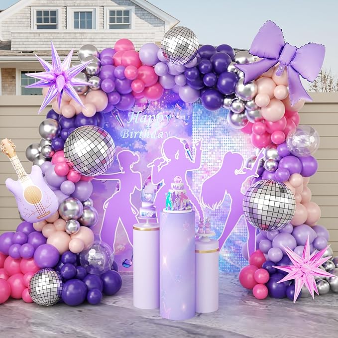 JOGAMS 171Pcs Kpop Balloons Arch Kit, Idol Stage Style Pink Purple Silver Disco Balloon Garland with Bow Guitar Star Music Note Foil Balloons for K-Pop Music Disco Theme Birthday Concert-Style Stage