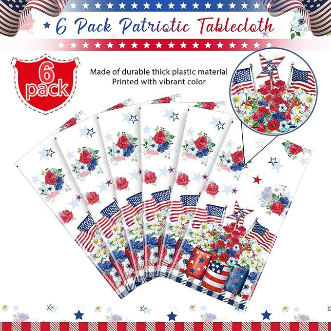 6 Pack 4th of July Tablecloth Decorations, Vase Flower Patriotic Plastic Table Cover, Red White and Blue Decorations with Star Stripe Sign for Patriotic Independence Veterans Memorial Day, 54x108 Inch