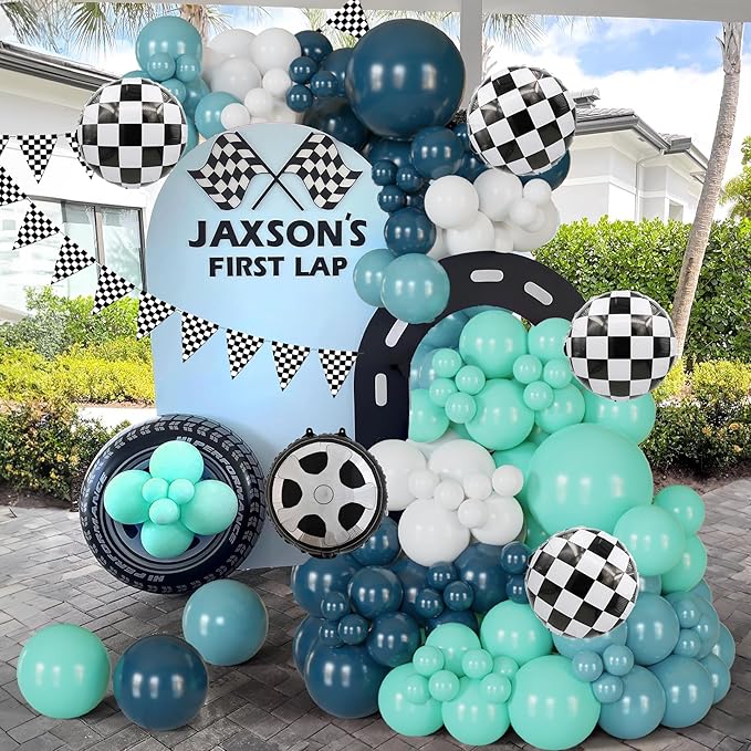 Race Car Balloon Arch Garland Kit 152Pcs Dusty/Peacock/Teal Blue and White Balloons with Wheel Checkered Foil Balloons and Checkered Flag Banner for Two Fast Birthday Party Decorations