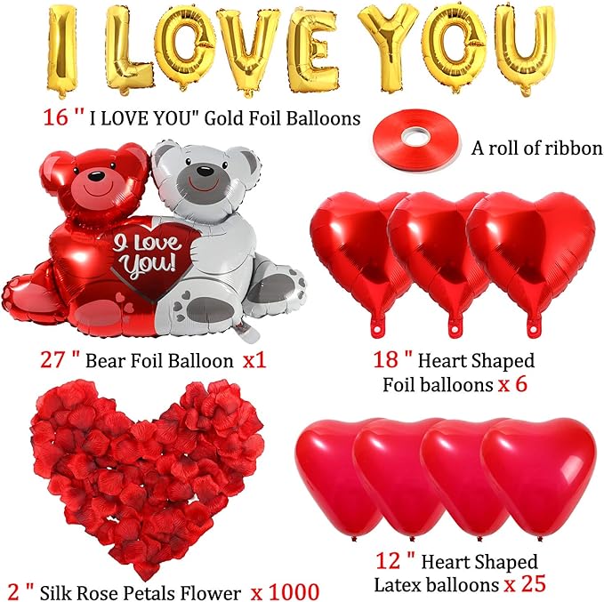 Golray 40 Pack I Love You Balloons and Heart Balloons Kit with 1000 Pcs Dark-Red Silk Rose Petals Wedding Flower Decoration Love-Bear Red Heart Balloons for Valentine Day Party Decorations