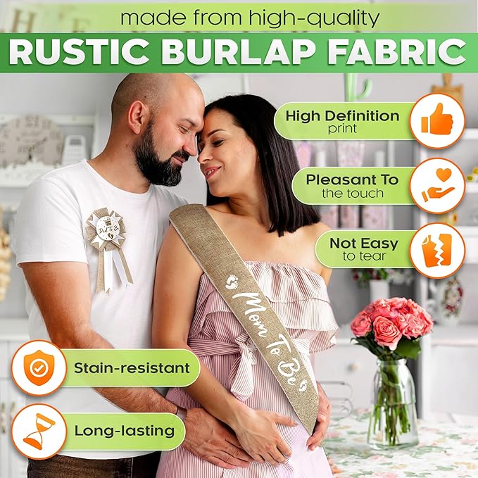 Mom to Be Sash Baby Shower - Stylish Baby Shower Sash & Dad to Be Pin, Elegant Boho Style, Tear & Stain Resistant Burlap & Adjustable Pin - Universal Accessories for Boy & Girl Gender Reveal Parties