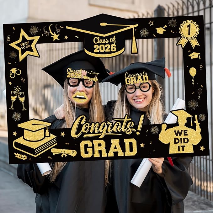 Black and Gold Graduation Decorations 2026 18Pcs, Graduation Photo Props Set with 27x19 Inch Photo Booth Frame and 17 Handheld Signs for Graduation Party Supplies Class of 2026