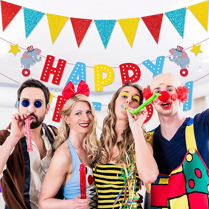 Zwiebeco Red Blue Yellow Carnivals Happy Birthday Party Decoration Banner Triangle Flags Pennant Sign Hanging Paper Garland Bunting for Kids Adults Circus Themed Accessories Supplies