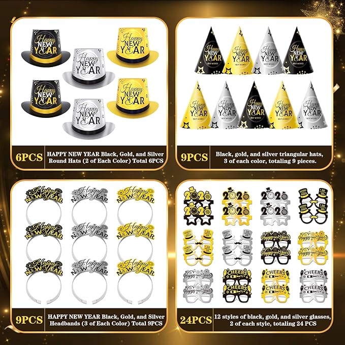48PCS New Years Eve Party Supplies 2026 for 24 Guests, Happy New Years Decorations Party Favors Includes Top Hats, Tiaras, Glasses Accessories for Adults Nye Decorations 2026