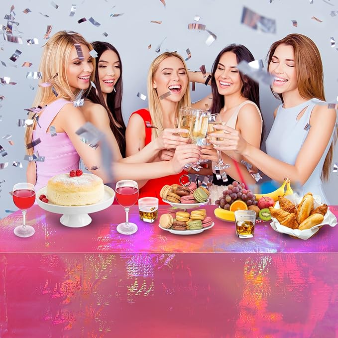 4 Pack Hot Pink Iridescence Plastic Tablecloths Shiny Disposable Laser Rectangle Table Covers Holographic Foil Tablecloth Iridescent Party Decorations Birthday Bridal Wedding Christmas, 54 x 108 Inch