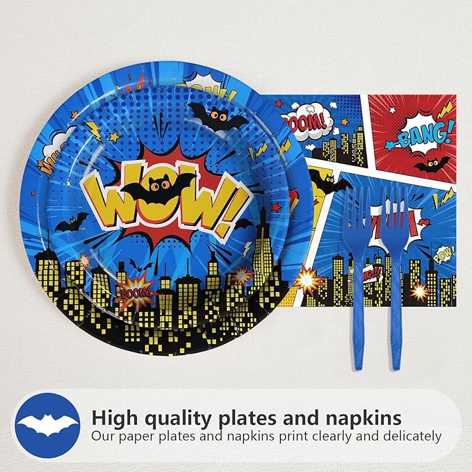 Grencian 96Pcs Super Theme Hero Birthday Party Decoration Hero's Action Sign Cityscape Plates and Napkins Blue Comic Hero Tableware Sets for Boys Baby Shower Cartoon Spider Party Favors Serve 24