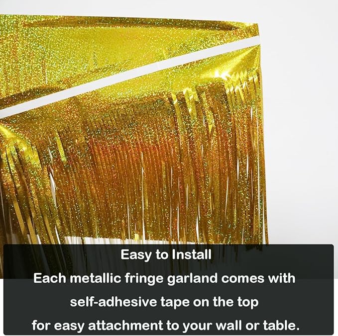 3 Pack Total 30 Feet Foil Fringe Garland Lilac Gold Metallic Wall Hanging Drapes Tassel Skirting Iridescent Gold Tinsel Streamers for Parade Float Trailer Mardi Gras Party Birthday Wedding