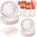 White and Rose Gold Party Supplies, 175 Pcs Disposable Dinnerware Set Serves 25 White Rose Golden Dot Plates Cups and Napkins Gold Plastic Forks Knives Spoons Party Supplies for Birthday Wedding