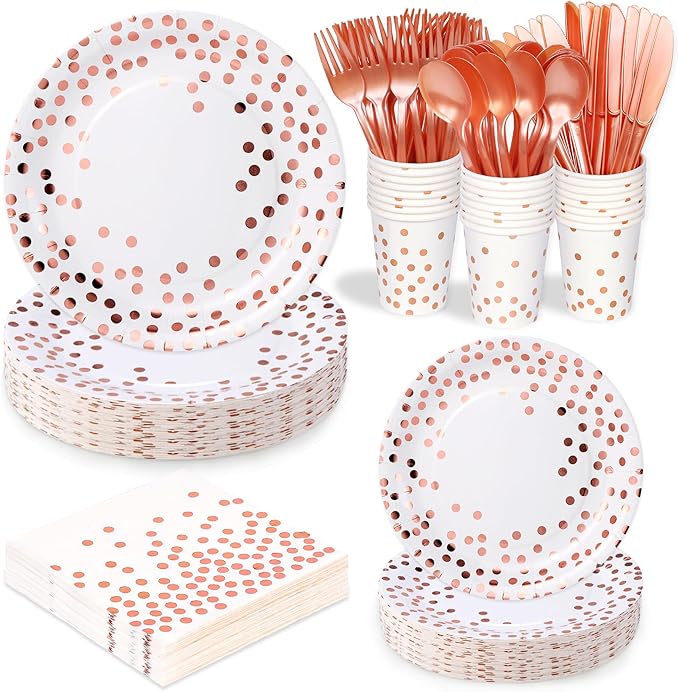 White and Rose Gold Party Supplies, 175 Pcs Disposable Dinnerware Set Serves 25 White Rose Golden Dot Plates Cups and Napkins Gold Plastic Forks Knives Spoons Party Supplies for Birthday Wedding