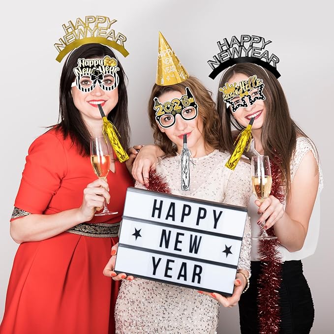 Openfly 36Pcs New Years Eve Party Supplies 2026 Happy New Year Hats Headband Tiara Noise Makers Paper Glasses Party Favors