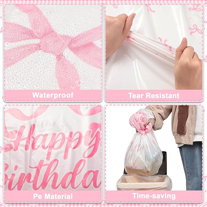 3 Pack Coquette Pink Bow Plastic Tablecloth, 54 X 108Inch Disposable Happy Birthday Table Cloth for Rectangle Tables Waterproof Table Cover for Girls Bridal Wedding Birthday Party