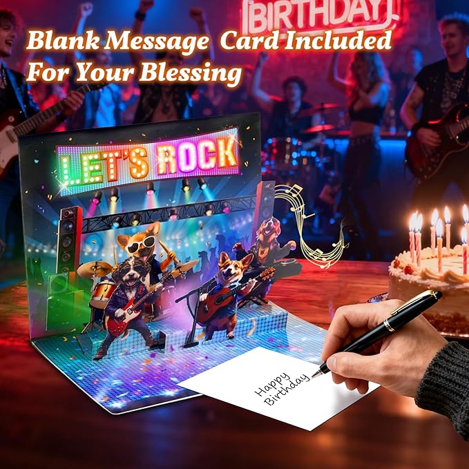 3D Pop Up Birthday Cards, Musical Rock Dog Band Birthday Cards, Happy Birthday Gifts for Mom Women Men Kids Child Dad Father Wife (Black)