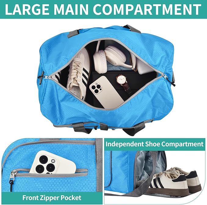 Dimayar Travel Duffle Bag for Men Women - Foldable Duffel Bag with Shoes Compartment - Overnight Bags Waterproof & Tear Resistant(115L,Light Blue)