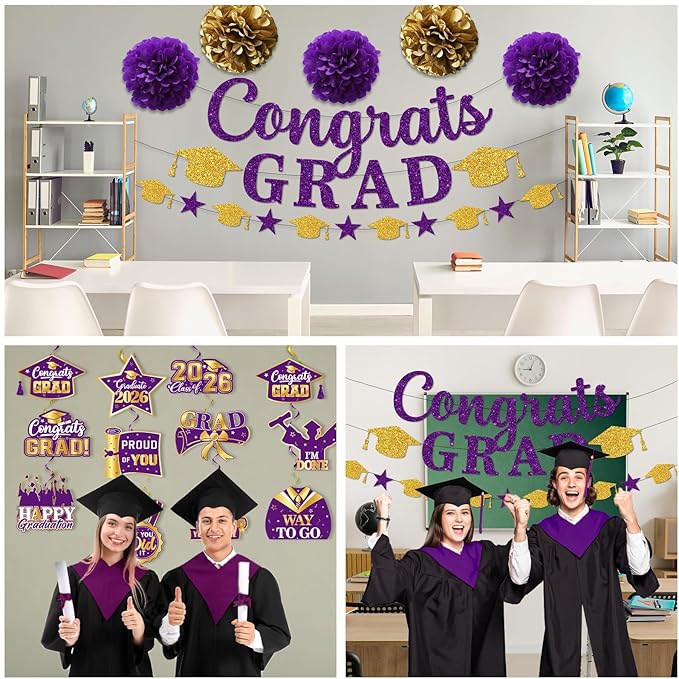 Purple Graduation Decorations, Glitter Congrats Grad Banner Hanging Swirls and Tissue Pom Poms, Purple and Gold Graduation Decorations for Class of 2026 College Graduations Party Decorations