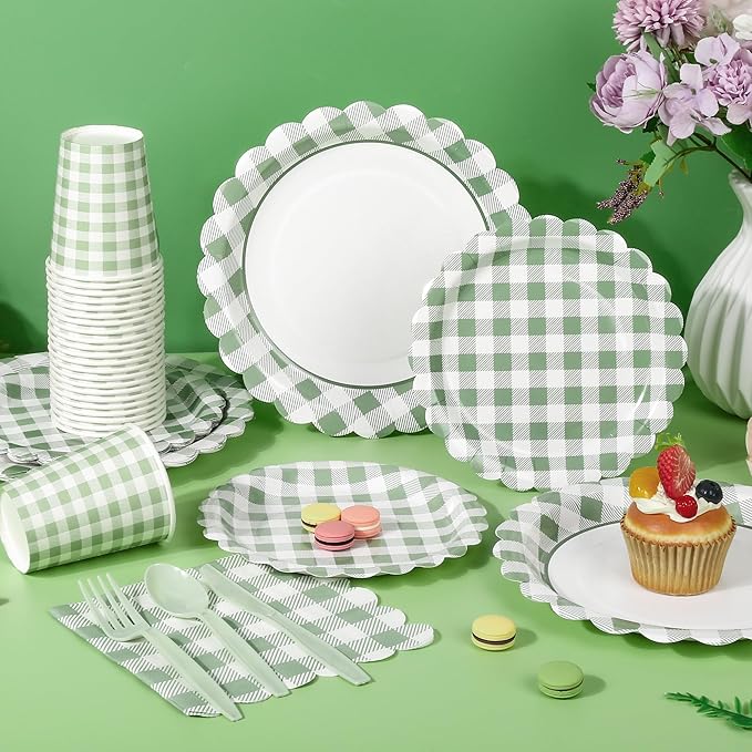200 Pcs Sage Green Gingham Party Supplies Green and White Scalloped Paper Plates and Napkins Cups Disposable Gingham Checkered Plaid Dessert Plates Tableware Set for Baby Shower Wedding BBQ