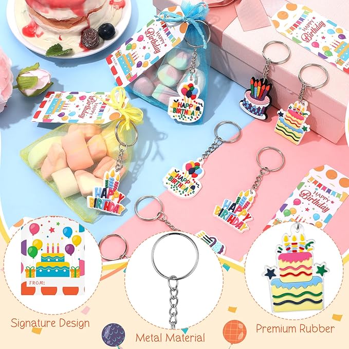24 Set Happy Birthday Goodie Bags for Kids Happy Birthday Keychain Gifts with Organza Bags and Card for Students Key Chain Classroom Reward Gift Party Goodie Bag Stuffers Gift