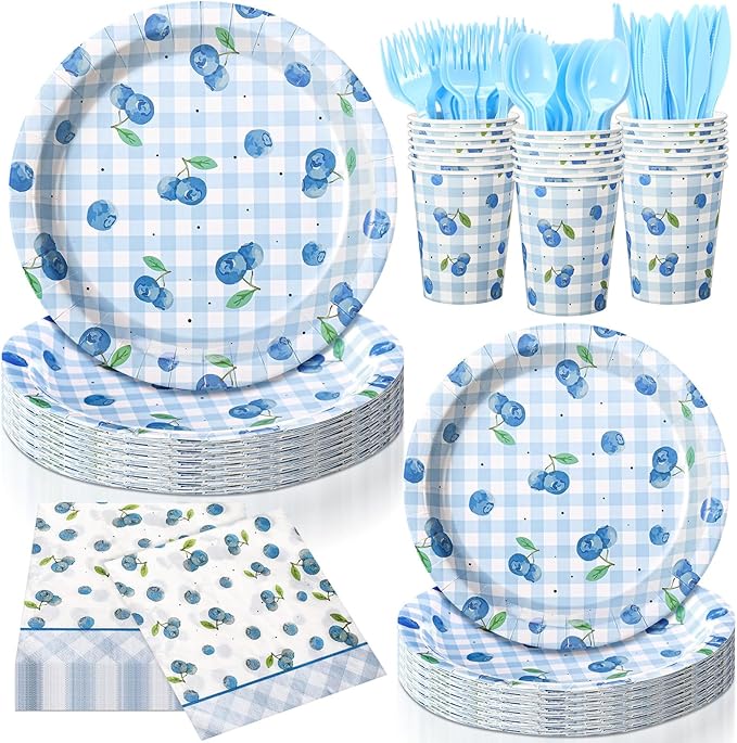 Honeydak 210 Pcs Blueberry Party Supplies for 30 Guests, Includes Plates, Cups, Napkins, Cutlery - Blueberry Checked Birthday Tableware Decorations for 1st Birthday, Summer Fruit Party
