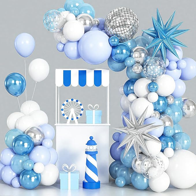 Blue White Silver Balloon Arch Garland Kit with Disco Ball Balloons Star Foil Balloons for Boys Men Disco Birthday Party Graduation Decorations
