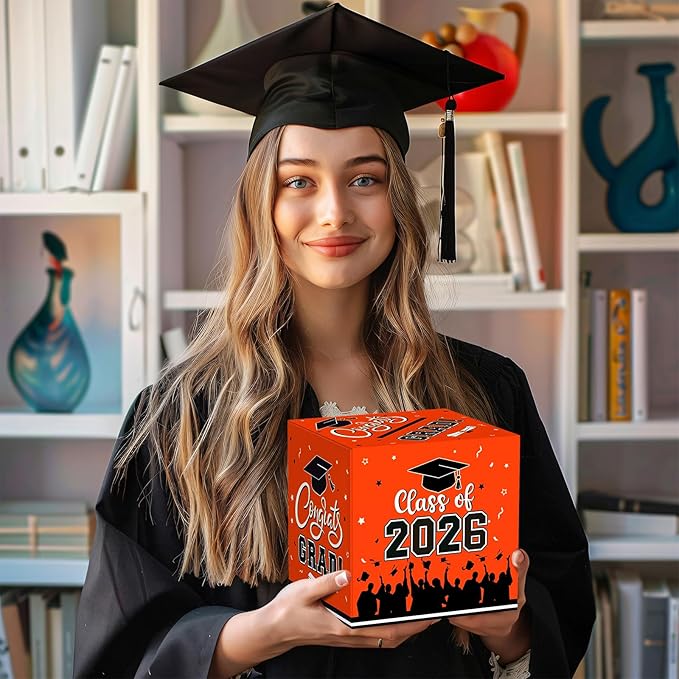 Graduation Card Box 2026 - Congrats Grad Card Boxes Holder, Orange Class of 2026 Graduation Gift Cards Box for Graduation Party Decorations 2026 Favors Decor Supplies Props, 9x 9 x 9 inches