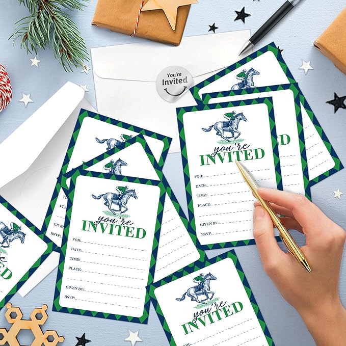 Kentucky Horse Derby Themed Shaped Fill-In Invitations card 15 Sheets with Envelopes, Horse Rac Party Belmont Parties Invites, for Teen Boys Girls Adults Birthday Sports Tennis Party