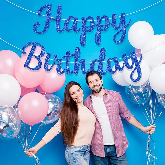 Glitter Happy Birthday Banner Sign Birthday Garland Wall Door Banners Flag for Women Men Boys Girls Party Backdrop Decorations Blue