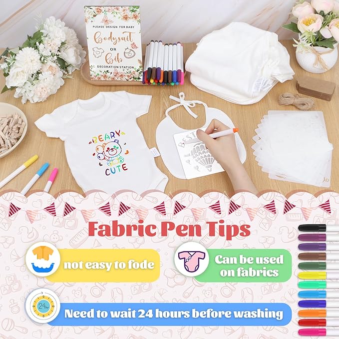 201 Pcs Baby Shower Set Baby Shower Game Sign Baby Bib Bodysuit White Baby Bib Newborn Bodysuit Baby Shower White Decorating Kit(PinkFlowerButterfly)