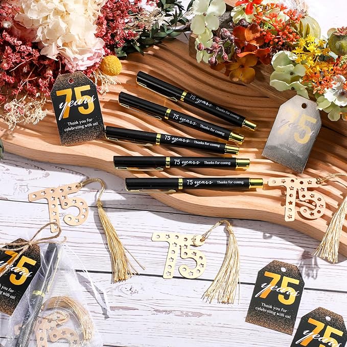 Spakon 25 Set 75th Birthday Party Favor for Guest Anniversary Party Favor Golden Birthday Bookmark Thanks for Coming Pen with Tag Appreciation Gifts for Women Men Wedding New Year
