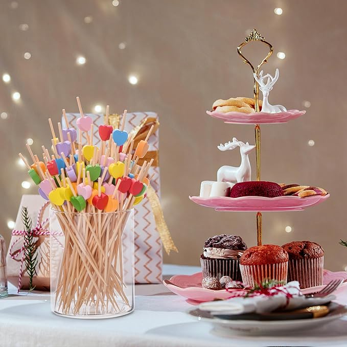 JtmyAota 100 Pack Fruit Toothpicks, Heart-Shaped Bamboo Cocktail Picks, Natural Bamboo Toothpicks for Appetizers Fruit Cake Dessert Barbecue Snacks Sandwiches (Yellow)