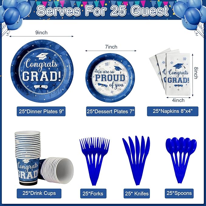 Graduation Party Supplies Congrats Grad Plates and Napkins Set Disposable Tableware Paper Plates Napkins Cups Knives Spoons Forks Straws for Class of 2026 Graduation Party Decorations Serve 25 (Blue)