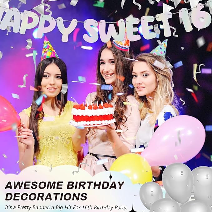 Fulmoon Pre Strung Happy Sweet 16 Banner Glitter Sixteenth Birthday Party Decorations 16th Party Sign Sweet 16 Party Decorations for Birthday Party Bachelorette Party(Glitter Silver)
