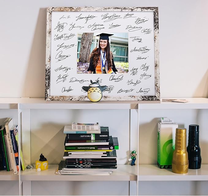 GraduatePro 16x20 Signature Picture Frame Board for 8x10 Photo with Signable Mat for Birthday Baptism Party Graduation Wedding Guest Book Rustic White