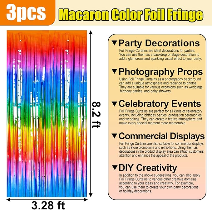 3 Pack Rainbow Foil Fringe Curtain Backdrop, 3.28Ft x 8.2Ft Metallic Tinsel Foil Fringe Streamer Curtains for Photo Booth, Mother's Day, Easter, Birthday, Wedding Party Decorations