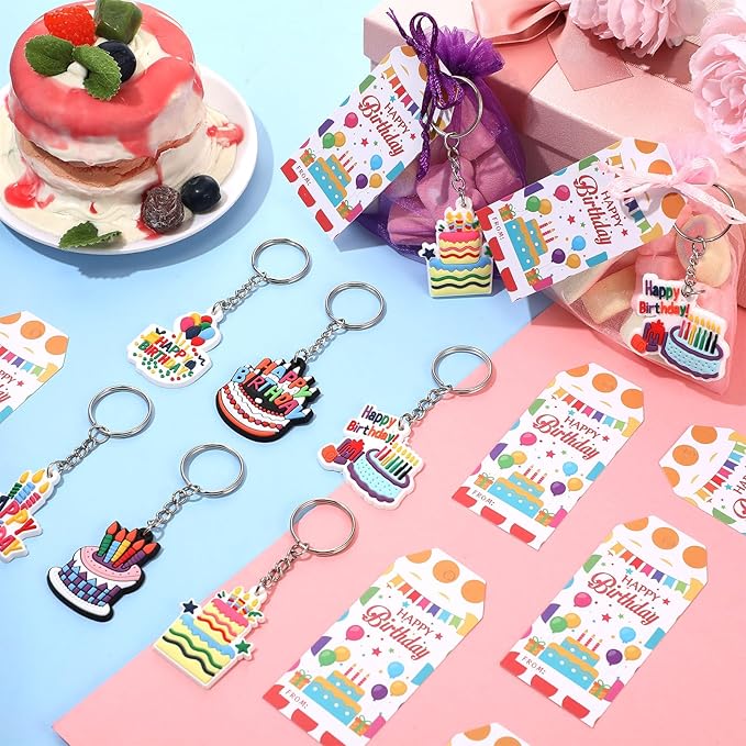 24 Set Happy Birthday Goodie Bags for Kids Happy Birthday Keychain Gifts with Organza Bags and Card for Students Key Chain Classroom Reward Gift Party Goodie Bag Stuffers Gift