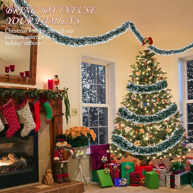 100Ft Christmas Garland - Xmas Tree Decorations, Christmas Tinsel Decorations for Indoor&Outdoor Home Decor, Christmas Metallic Twist Garland Ceiling Hanging Decorations for New Year(Green)