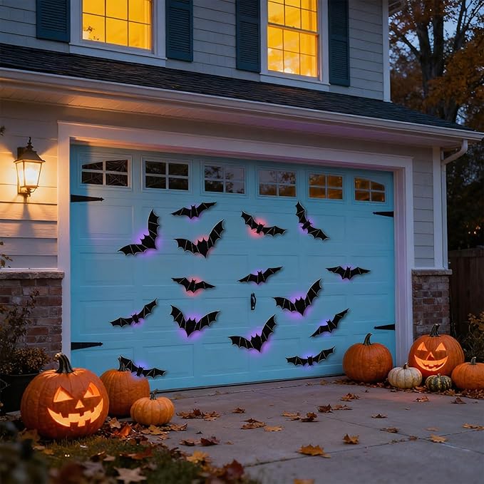 2025 New Halloween 3D Lighted Bats, LED Purple Lighted 3D Bats Halloween Decoration, Upgrade LED Glowing Bat Group Hanging Wall Luminous Glow Clings Multipack (48Pcs Black)