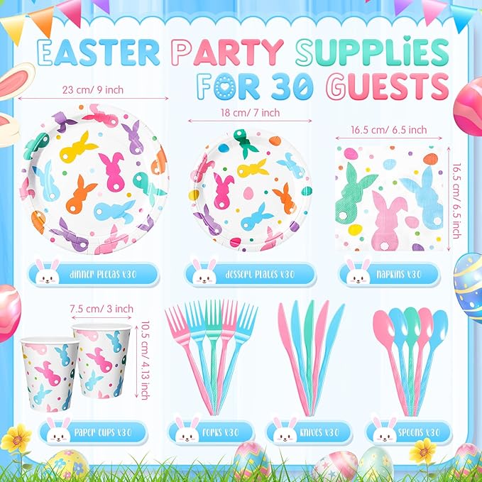 Honeydak 210 Pcs Easter Plates and Napkins Serve 30 Pastel Colorful Bunny 7" and 9" Rabbit Plates Napkins and Forks Tableware for Spring Holiday Easter Party Table Decor Supplies