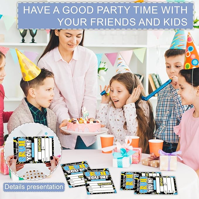 Bruh You In Birthday Invitation, You're Invited Party Invitation Cards for Teen Boys, 4 x 6 Double Sided 20 Count with Envelopes Party Supplies, Fill in Blank